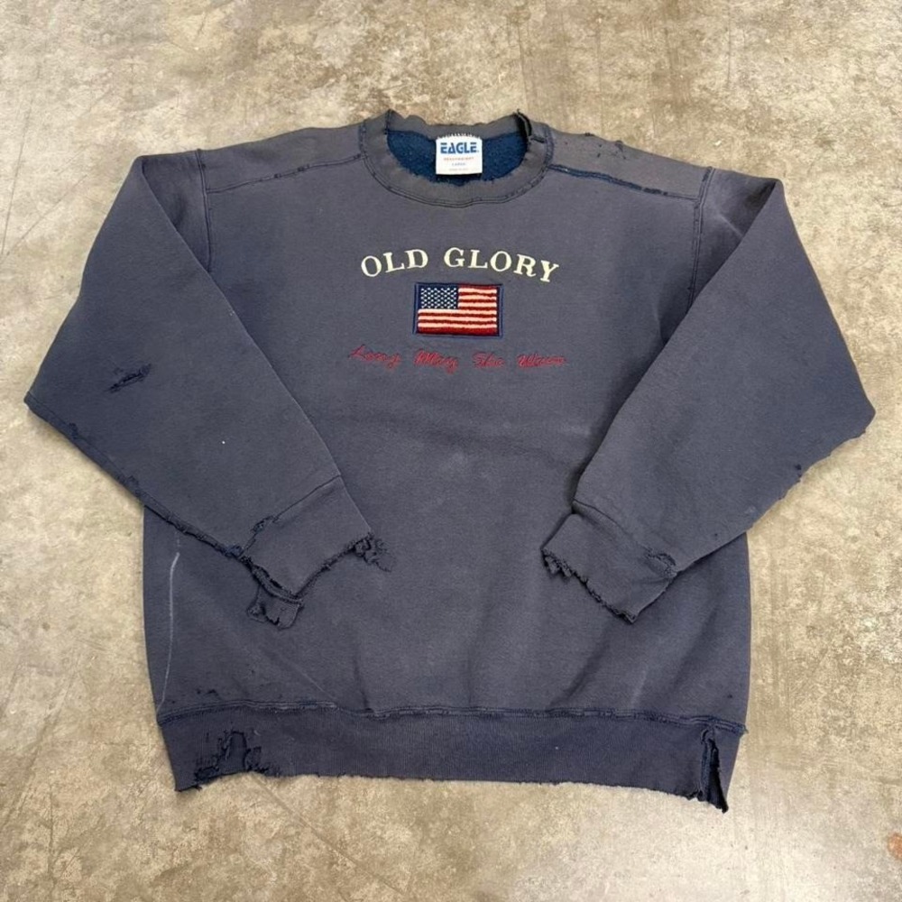 Old Glory American Flag Embroidered Distressed Crewneck Sweatshirt Size‎ L